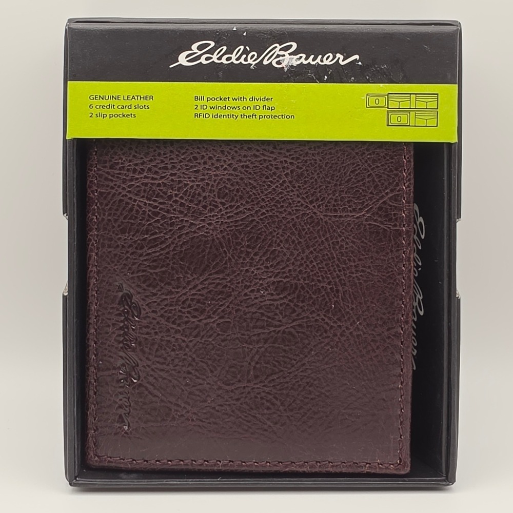 Eddie Bauer Mens Bifold Wallet Flip ID Brown Leather RFID Protection